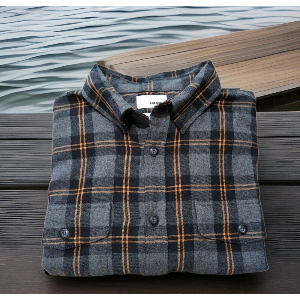 SONOMA GRAY PLAID FLANNEL BUTTON UP SHIRT MEN'S SIZE MEDIUM COTTON EUC